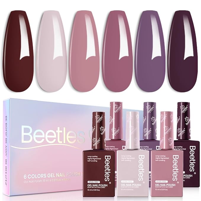 Beetles Spring Gel Polish Set - Emotional Symphony 6 Colors 15ML Hema-Free Gel Polish Set, Burgundy Purple Brown Nail Colors, Soak off Uv Led Lamp Nail Art Kit Salon Colorful Bottle Manicure Gifts