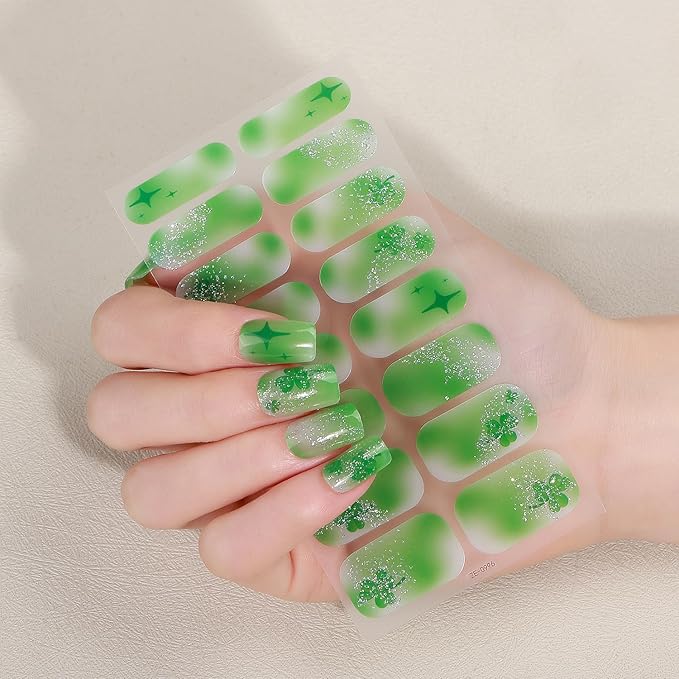 4 Sheets St. Patrick 's Day Gel Nail Stickers Irish Lucky Shamrock Nail Wraps Stickers Green Glitter French Nail Polish Strips Full Wrap Nail Strips Saint Patrick's Day Nails Supply for Women Manicure