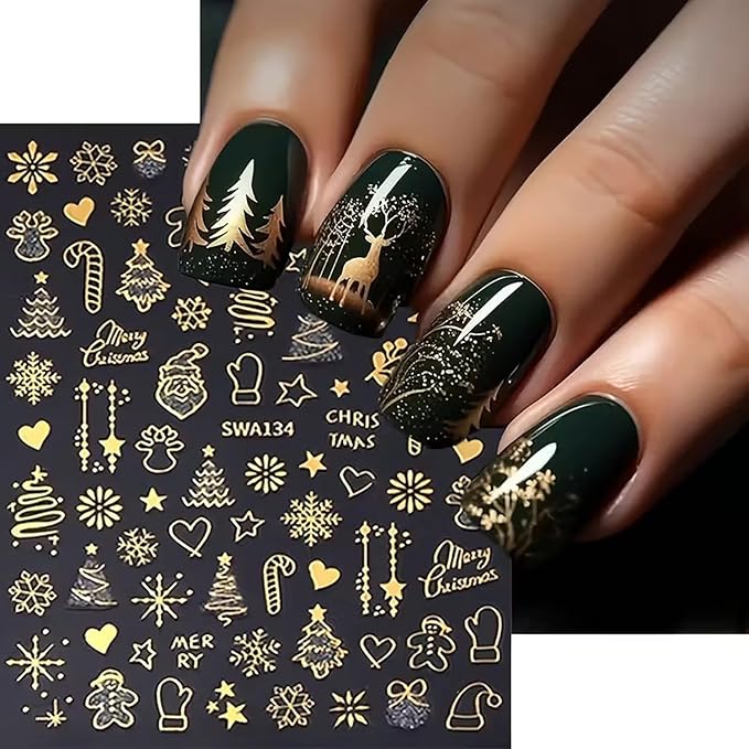 8 Sheets Christmas Nail Stickers for Nail Art, Cute Xmas Nail Decals 3D Self Adhesive Winter Nail Accessories Gingerbread Man Christmas Tree Snowflake Pattern Holiday Manicure Supplies for Women Girls
