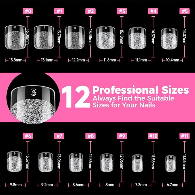 UNA GELLA 312Pcs Extra Short Squoval Nail Tips, Square Pre-Etched Half Matte Soft Gel Nail Tips Square Full Cover, No File Needed Clear Squoval Acrylic False Nails for DIY Nail Art Extension 12 Sizes