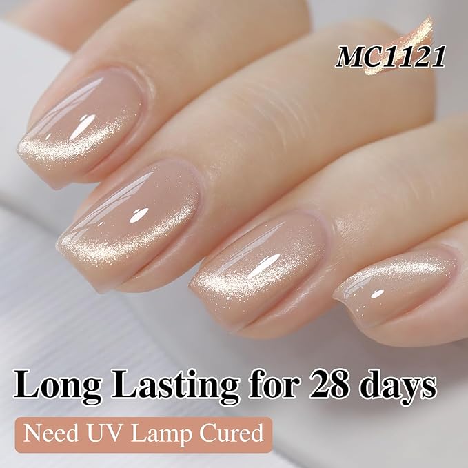 Double Rhythm Cat Eye Gel Polish with Magnet 15ML Ice Glass Holographic Glitter Shimmer Translucent Sheer Color Salon Soak Off Magnetic at Home (Milky Nude-MC1121)