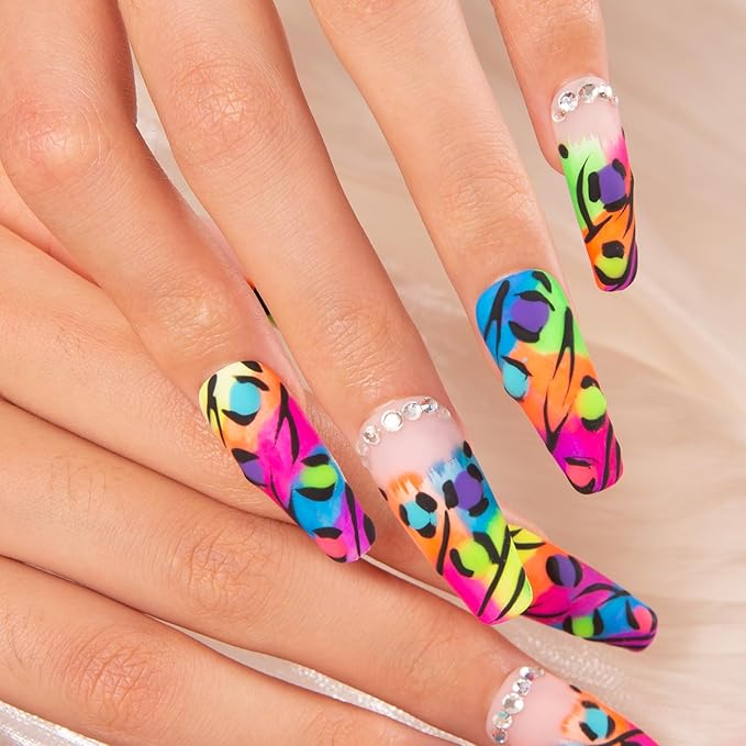 LOVFUL Press on Nails Illusion | Handmade with Full Covered Crystals | Reusable Fake Nails | Coffin Classic Regular 1.3 in | H123-M