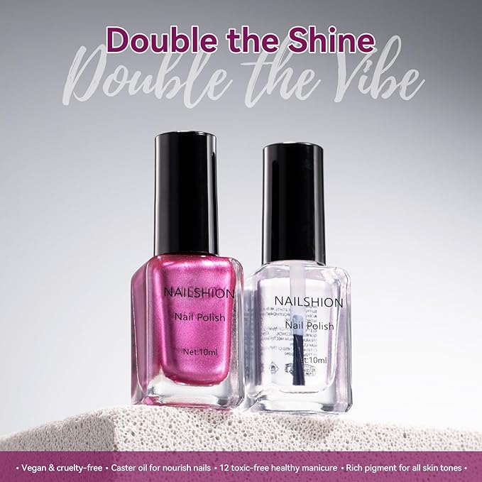 Metallic Purple Rose Nail Polish with 3-in-1 Clear Base Top Coat, Fast Air Dry Fingernail Polish Duo, Non-Gel, Opaque, Glossy Luxury Nail Art Fingernail Toenail Polishes