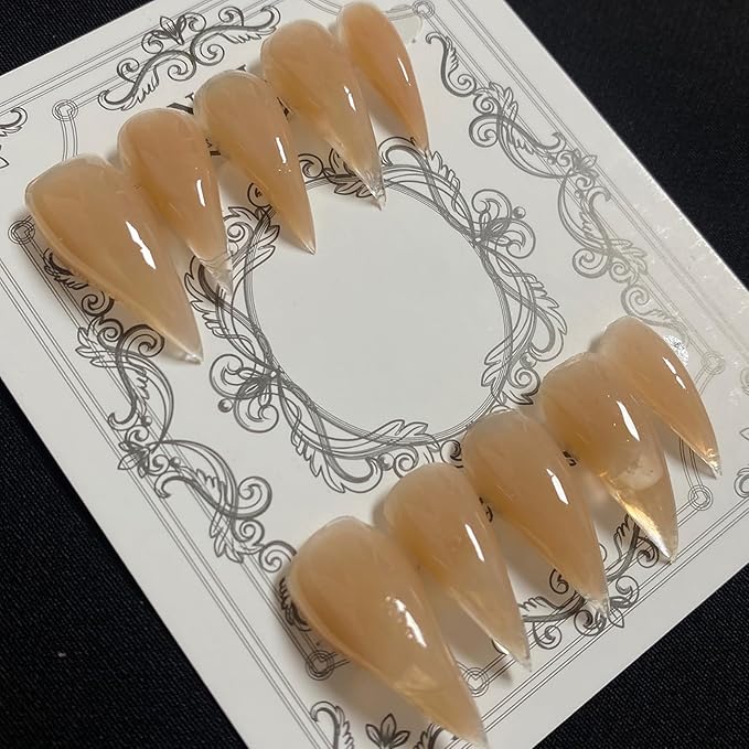 Luxury Press on Nails Medium Stiletto Handmade Eagle Claw Unique Reusable ABS Material Amber Fake Nails Dragon Cat Claw Fall False Nails Glossy Glue on Nail Curved Thick Acrylic Nail(M)
