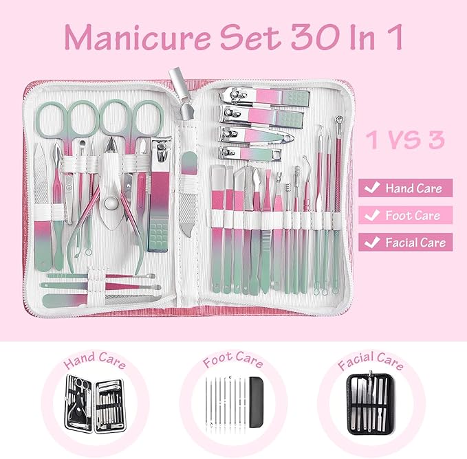 Nail Clippers Set 30 Pcs Professional Grooming Kits, Fingernail and Toenail Clipper Cutters, Ear Wax Removal Kit, Pedicure Tools, Manicure Tools with Luxurious Travel Case