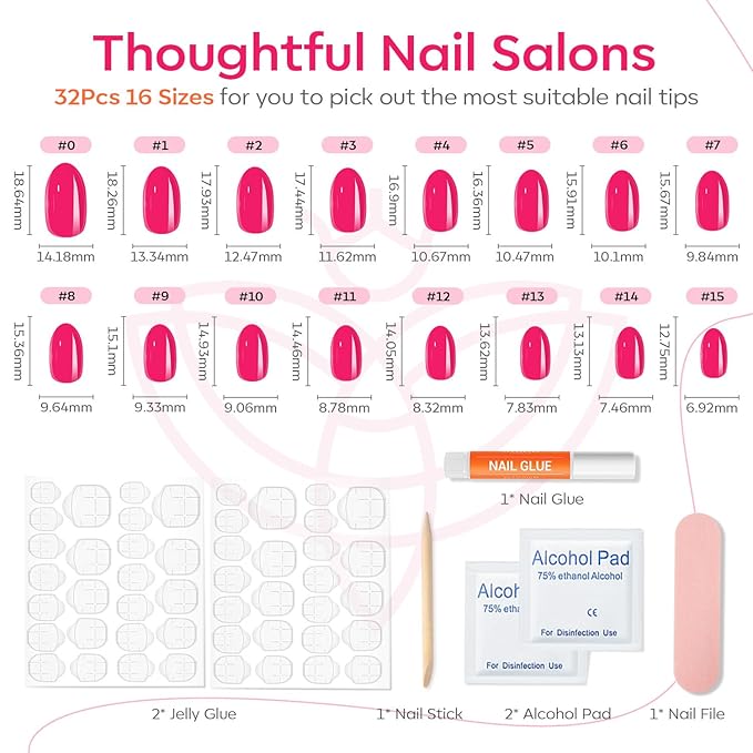 Modelones Press on Nails Short, Spring Oval Fake Nails, Reusable Nail Kit with Nail Glue Adhesive Tabs Mini Nail File, Nails Press Ons 32Pcs 16Sizes, Women Girl Gift, Chrome Pink