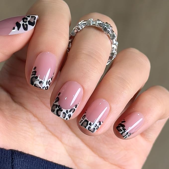 CurvLife Press On Nails Medium Square – Nude Pink Leopard French Tip Fake Nails, Reusable Soft Gel Glue On Nails with Adhesive Tabs, Natural Fit, Salon Quality for Women