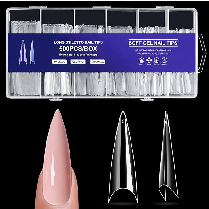 krofaue Extra Long Stiletto Nail Tips - 500PCS False Clear Nais with 10 Sizes Half Cover Pointed Press On Artificial Acrylic for Salon DIY, XL