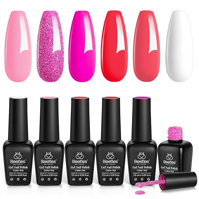Beetles Hot Pink Gel Polish Set - 6 Colors Pink Gel Nail Polish Rose Red Nails Kit Nail Polish Collection Pink Glitter Gifts for Women Soak Off Uv Nail Lamp Manicure Kit