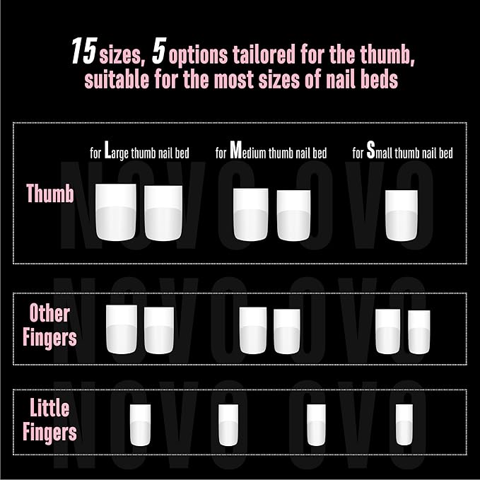 NOVO OVO Short Sharp Square Tip Nail Tips Press on Milky White, Thick Old School Wide White French NEED Builder Gel Top Coat Nail Glue, Soft Gel Full Cover Fake Nail Extension for DIY x 15 Size 240 pc