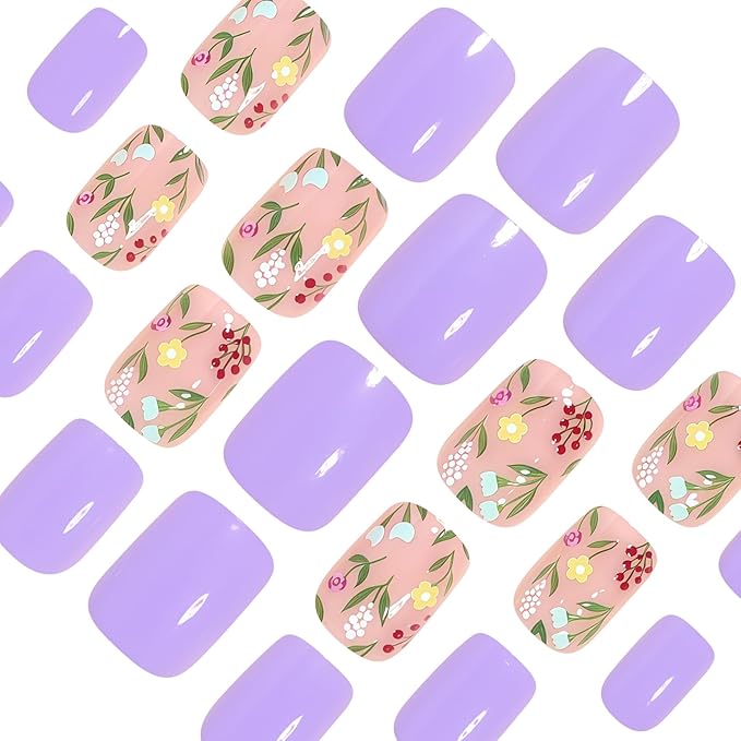 Short Press on Nails - Square Fake Nails with Flower Design - Cute, Spring, Purple False Nails Press ons - for Women 24 Pcs