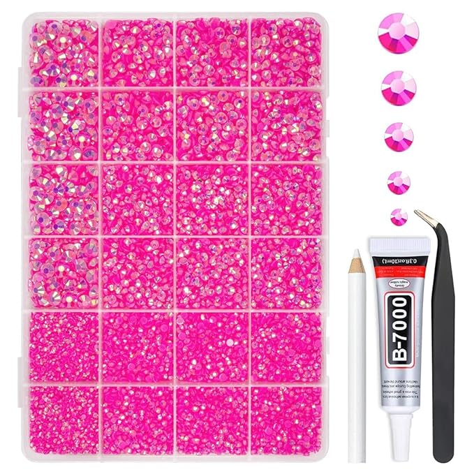 Hot Pink AB Resin Rhinestones w B7000 Glue for Bedazzling Crafting 2mm- 6mm Rose Pink Flatback Jelly Stones Diamonds Gems Bedazzler Kit Charms for Nails Face Eyes Makeup Tumblers Bottles Crafts