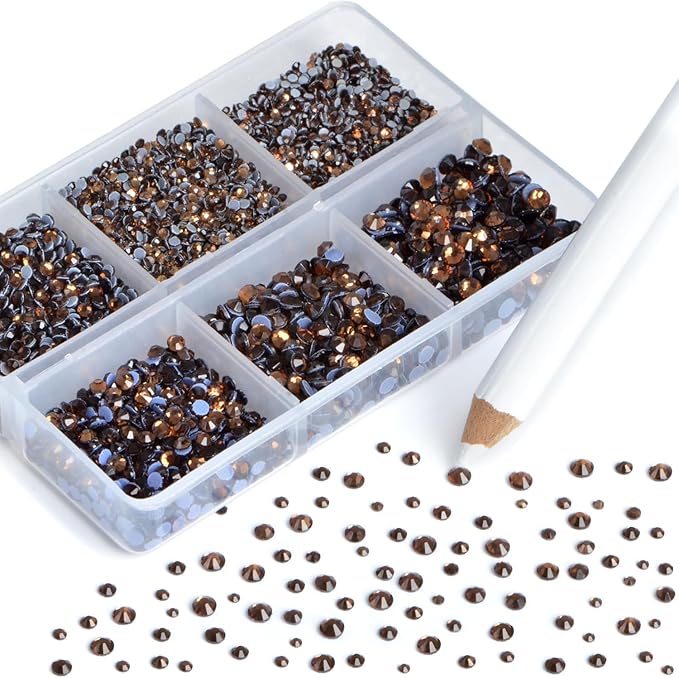 NCB Hotfix Iron on 8000pcs Crystal Rhinestones Round Gem for Crafts Decoration DIY Jewelry Making with a Picking Pen (Smoked Topaz, 6Sizes SS3-SS12)