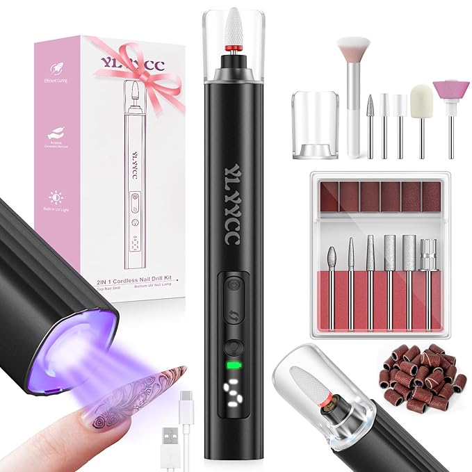 Cordless Nail Drill Electric File with UV Nail Lamp:Professional for Acrylic Gel Dip Powder Nails Portable Nail Drill Machine Kit for Manicure Pedicure Nail Set Rechargeable Lightweight (Black)