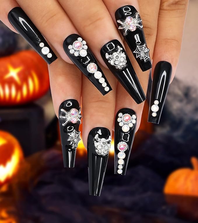 Morily 24Pcs Long Coffin Press on Nails Halloween Black Fake Nails Acrylic Skeleton Stick on Nails with 3D Spider Web Rhinestones Design Artificial False Nails for Women (Black Silver Spider Crystal)