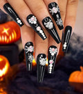 Morily 24Pcs Long Coffin Press on Nails Halloween Black Fake Nails Acrylic Skeleton Stick on Nails with 3D Spider Web Rhinestones Design Artificial False Nails for Women (Black Silver Spider Crystal)