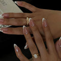 Pearlescent Press on Nails Medium, Glazed Nude with White French Fake Nails Almond Chrome Acrylic Press Ons for Women, Natural Fit Full Cover Glue on Nails in 15 Sizes - 30 Pieces Nail Kit