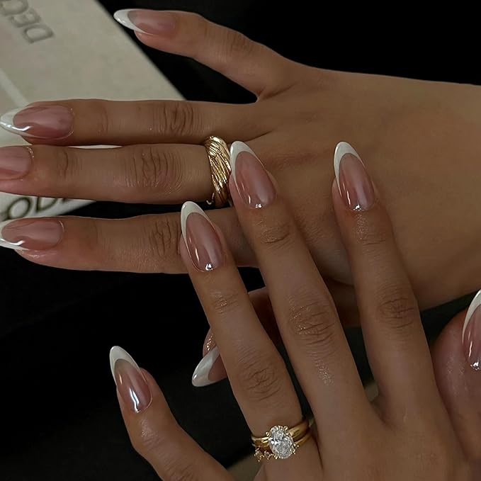 Pearlescent Press on Nails Medium, Glazed Nude with White French Fake Nails Almond Chrome Acrylic Press Ons for Women, Natural Fit Full Cover Glue on Nails in 15 Sizes - 30 Pieces Nail Kit