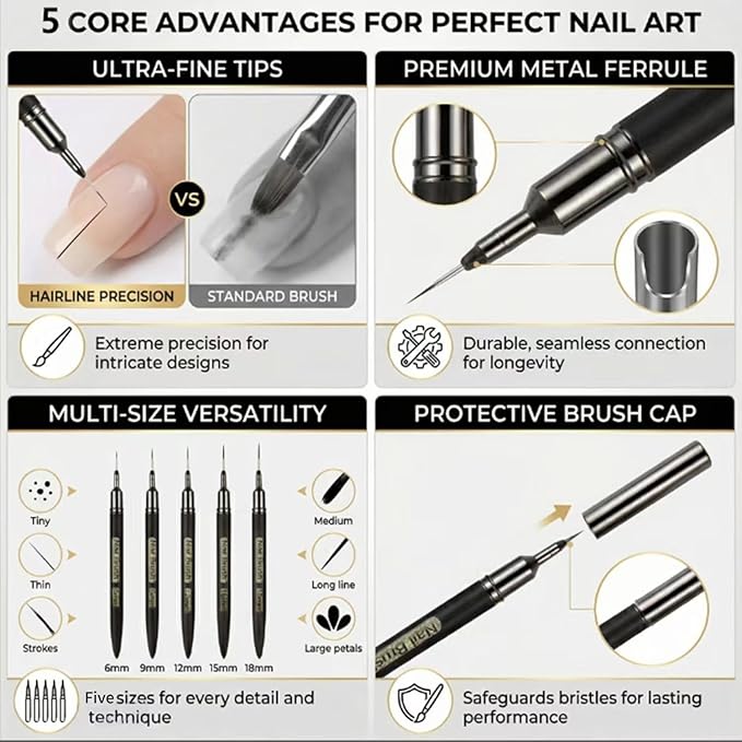 5 Pcs Nail Art Liner Brushes, Thin Detail Brushes for Gel Polish Painting, Sizes 6/9/12/15/18mm, Professional Nail Design Tools for Intricate Lines & DIY Manicure-Brown