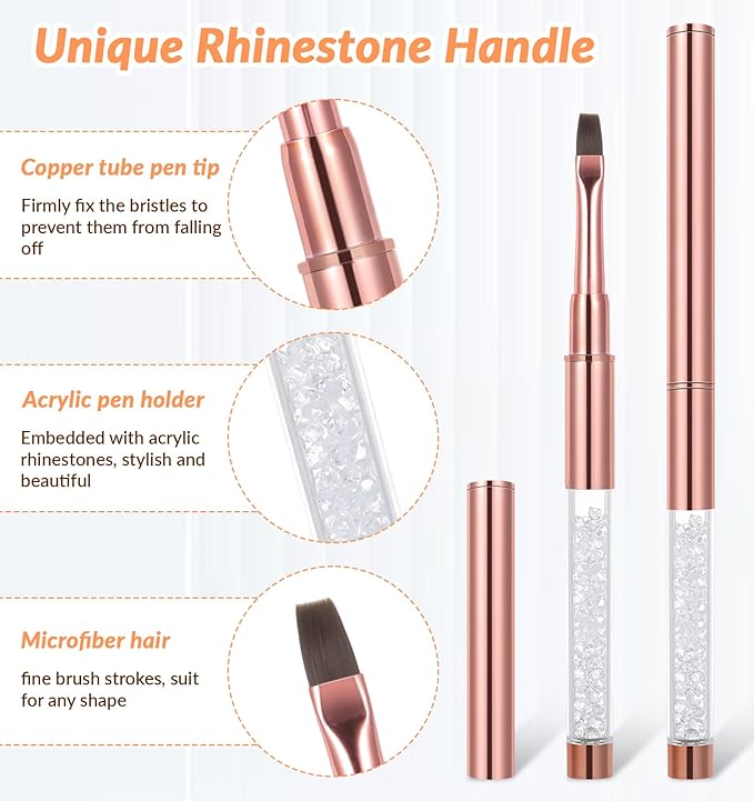 2Pcs Gel Brushes for Nails, Oval UV Builder Gel Brush for Nail Polish Brushes with Rhinestone Handle, Manicure Art Design for Nail Application, Rose Gold