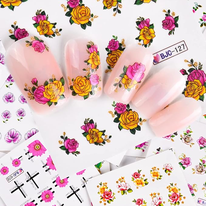 55 Sheets Flowers Nail Art Stickers, Holographic Floral Butterfly Bird Nail Art Decals, Small Flower Water Transfer Nail Decal Designs Supplies for Women Girls Manicure Decorations Nail Sticker Set