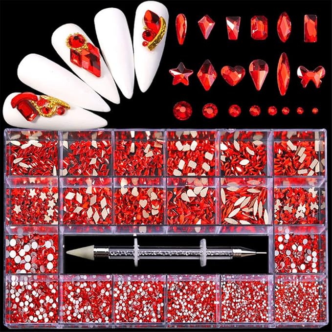 3100Pcs Red Hotfix Rhinestones Mixed Size Crystal Flatback Rhinestones for Crafts Round Glass Gems with Picking Rhinestones Pen, Mix 12 Multi shape Gems Stones Set for Makeup