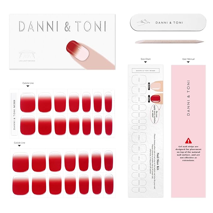 DANNI & TONI Semi Cured Gel Nail Strips Red Ombre Winter Gel Nail Wraps 28 Stickers | Glass Rouge