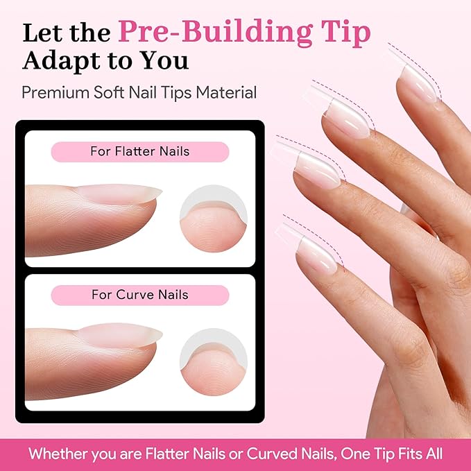 Medium Square Pre-Building Nail Tips, 15 Sizes 240 PCS Pre-shaped Apex Clear Soft Press On Fake Nail Half Matte Gel Nail Extensions Strong Thick Acrylic Tip for DIY Beginners & Salon Manicure