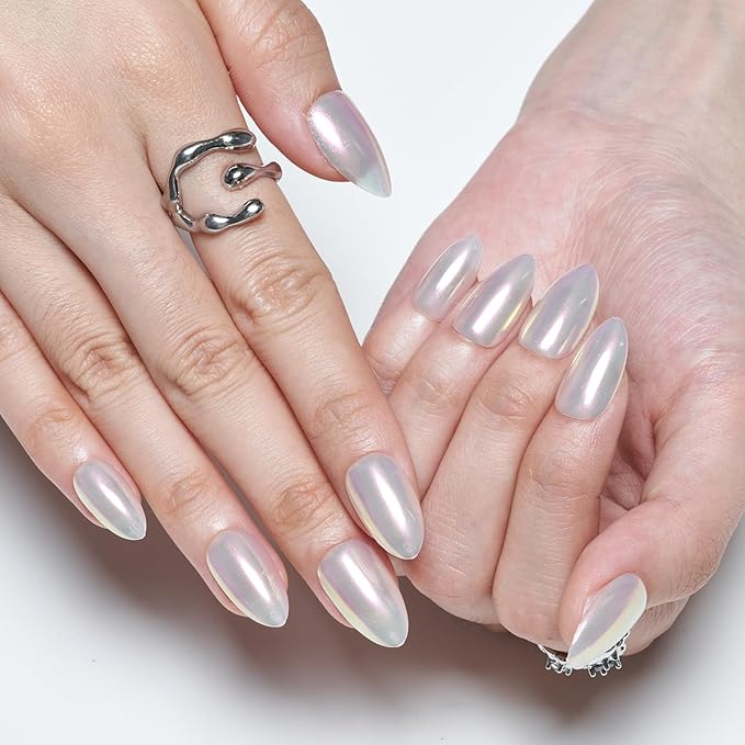 GLAMERMAID Chrome Press On Nails Short Almond, White Pearl Handmade Soft Jelly Gel Fake Nails, Glazed Donut Round Oval Stick Glue on Nails Kit for Women, Mermaid Matal Reusable Acrylic False Nail Set