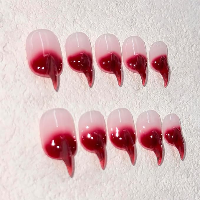 10 Pcs Curved Press on Nails Stiletto Medium Cat Claw False Nails Luxury 3D Red French Tip Cat Claw Handmade Fake Nails Thick Red Gradient Designs Glossy Acrylic Glue on Nail (S)
