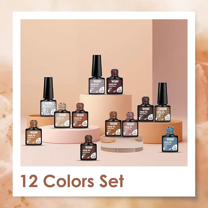 MTSSII Gel Nail Polish Set 12 Colors Nude Brown Skin Tones Neutral Gel Polish Dark Tan Taupe Khaki Gold Silver Nail Polish Fall Winter Soak Off French Nail Art Manicure DIY Home Salon Gift