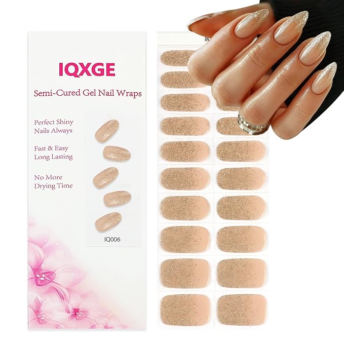 Nude Semi Cured Gel Nail Strips 20Pcs Glitter UV Gel Nail Stickers Glossy Nails Polish Strips UV/LED Light Needed Self Adhesive Full Polish Nails Wraps for Women