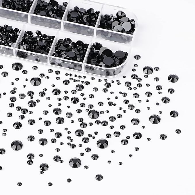 Canvalite 1500PCS Black Rhinestones Flat Back Gems, Nail Rhinestones Nail Art Gems with Pick Up Tweezers and Rhinestone Picker Dotting Pen, Nail Art Tools for Nails, Clothes, Face, Craft