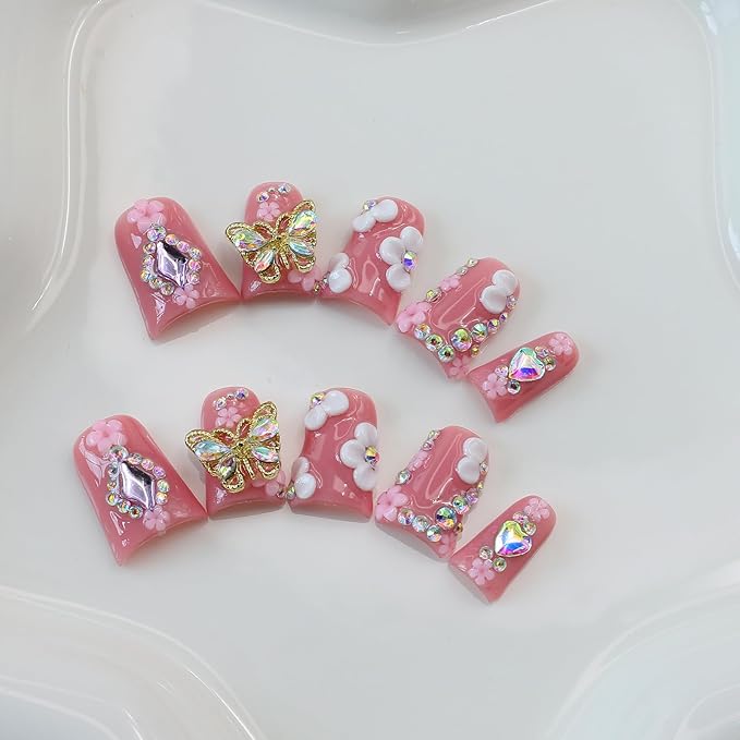 10Pcs Flower Butterfly Press on Nails Handmade Duck Fake Nails with 3D Flower Butterfly Rhinestone Design Pink False Nails Short Acrylic Nails Press ons Cute Handmade Glue on Nail for Women (M)