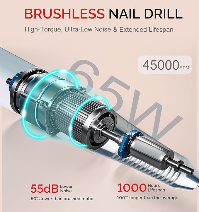 Professional Nail Drill Machine - Cordless Brushless Motor Nail File, 45000 RPM 2*3500mAh Portable Efile for Acrylic Gel Nails with 6 Bits & ETL USB Charger for Salon & Home(Brushless)