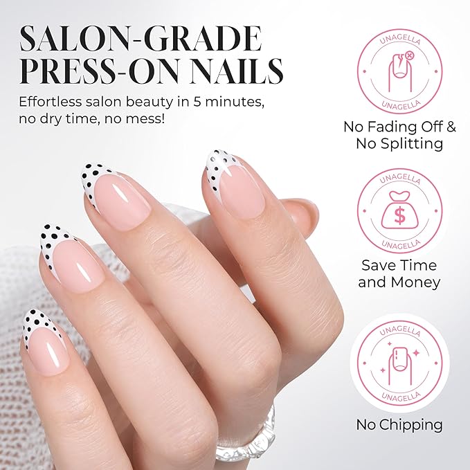 UNA GELLA 32Pcs Soft Gel Press on Nails - 16 Sizes Polka Dot French Tip Almond Glue on Nails, Reusable Nude False Nails with Black Dots, Full Cover Acrylic Nail Kit for Women DIY Home Manicure