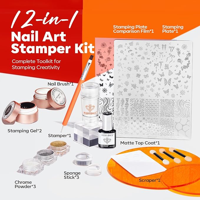 modelones 16 PCS Gel Nail Stamping Plate Set, French Tip Tool Gold Silver Pearl Chrome Powder Proof Matte Top Coat White Black Painting Gel Polish Double Head Nail Art Brush DIY Manicure Gift Kit