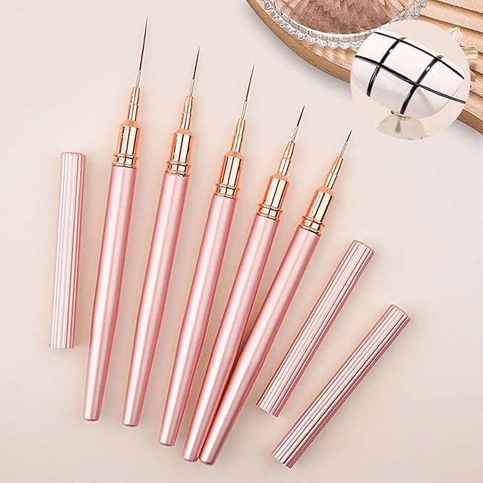 WOKOTO 5 Pcs Rose Gold Nail Art Liner Brushes Painting Nail Art Brush Set Nail Dotting Drawing Tool For Long Lines Thin Details Fine Drawing Sizes 5/8/12/15/20mm Liner Brushes With Metal Penholder