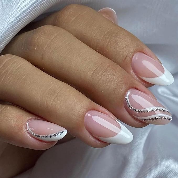 White French Tip Press on Nails Almond Medium Fake Nails Pink False Nails Glitter Swirl Glossy Full Cover Acrylic Glue on Nails Artificial Stick on Nail for Women Manicure 24Pcs