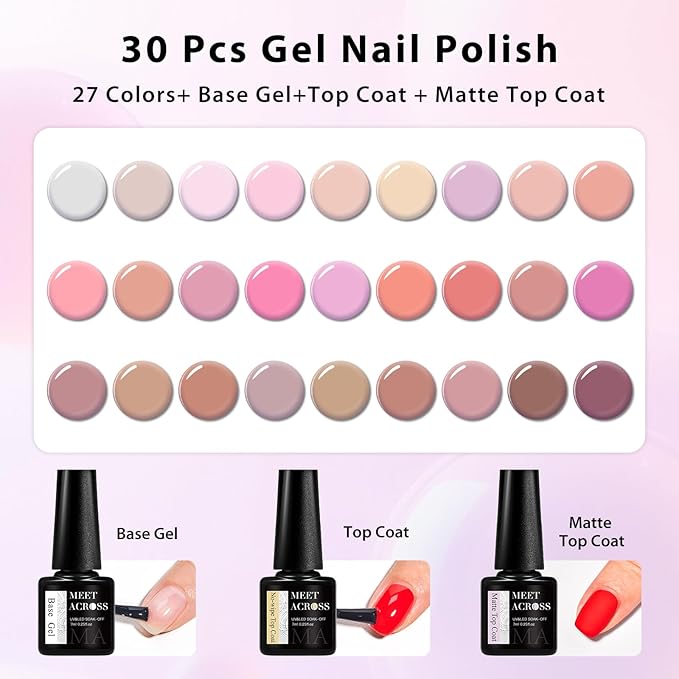 MEET ACROSS 27PCS Gel Nail Polish Set,27 Colors Gel Nail Kit Art Design Soak Off UV LED,Nail Art Design Gifts for Women