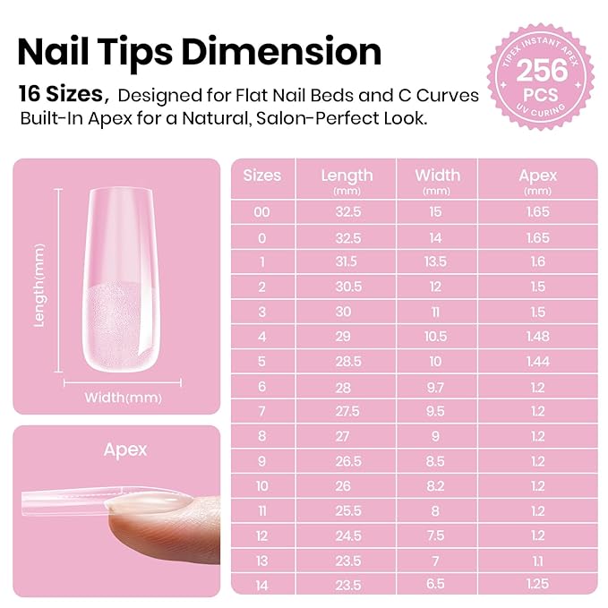 Beetles Tipex Lite Pre-Built Apex Gel Nail Tips, Square Long, 256pcs Value Pack, 16 Sizes, Flat-Nail Friendly Acrylic Tips for Natural Nail Beds, Easy for Beginner DIY