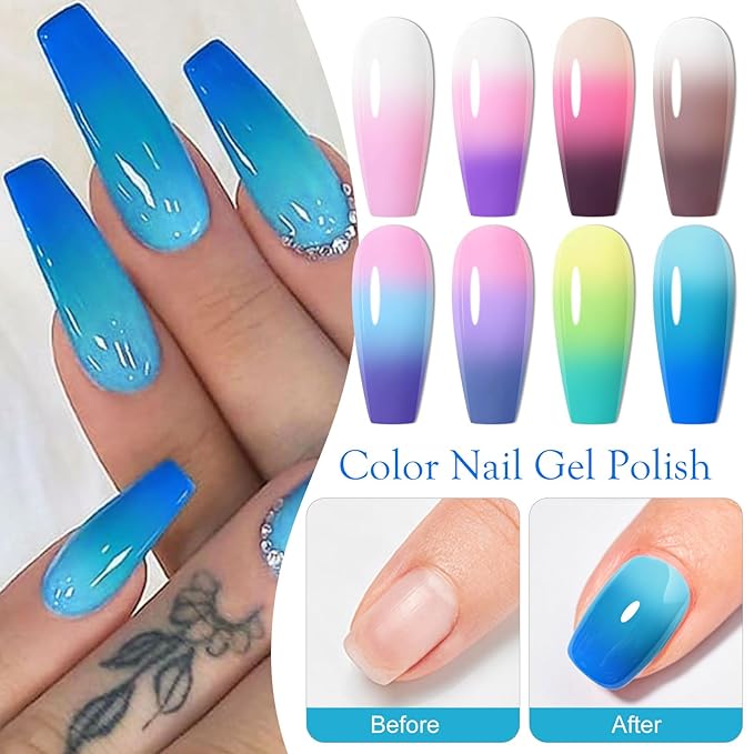 MEET ACROSS Color Changing Gel Nail Polish Kit, 8 Colors Pink Red Blue Purple Temperature Change Gel Polish Soak Off Uv Led Diy Nail Art Salon Manicure Gifts for Women