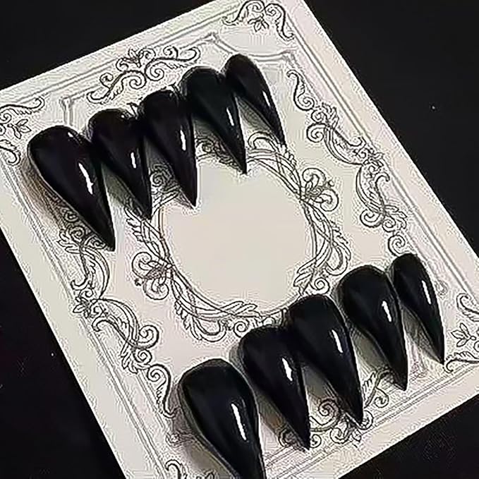 Luxury Press on Nails Medium Stiletto Handmade Eagle Claw Unique Reusable ABS Material Fake Nails Dragon Cat Claw False Nails with Designs Black Glossy Glue on Nail Curved Thick Acrylic Nail(M)