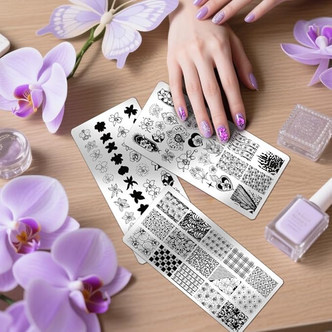 PH PandaHall 3pcs Orchids Nail Stamping Plates Flower Theme Nail Art Stencils Floral Leaf Manicure Art Templates Plants Leaves Nails Design Stamp for Women Manicures Salon DIY Printing Designs