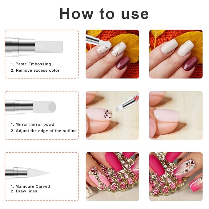 Nail Art Brush Set, 10 Pcs Dual Tipped Silicone Nail Tools Nails Art Sculpture Pen Crystal Handle Liner Brush, Silicone Brushes for Resin Nails Arts Tools for NailSalon Design Foil Carving Drawing