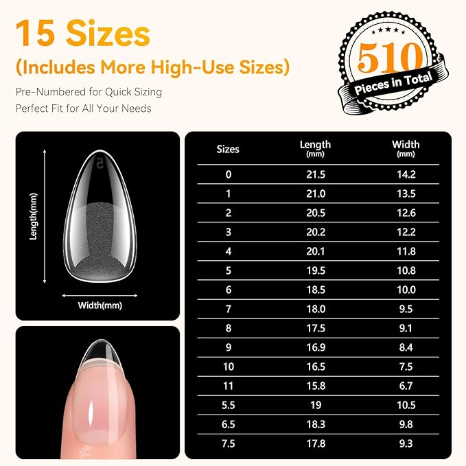 Makartt Nail Tips: Short Almond Full Cover Fake Nails 510pcs, 15 Sizes Soft Gel Half Matte Pre-shape Soak Off for Press on Nails DIY for Extension No Crease Acrylic Nail Manicure DIY Salon Home
