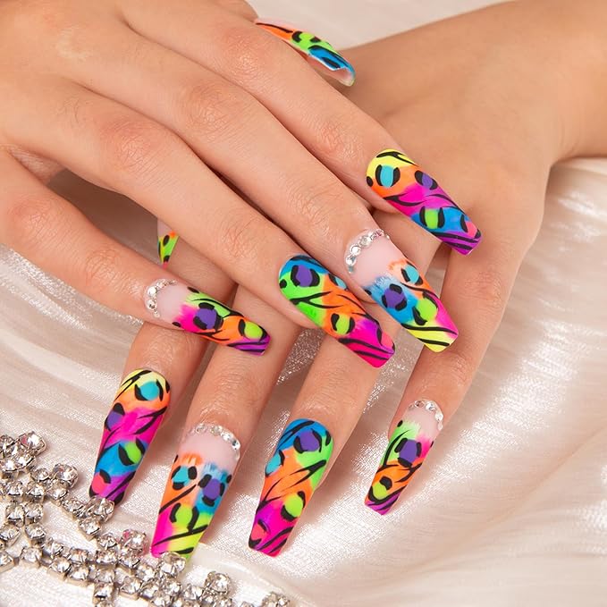 LOVFUL Press on Nails Illusion | Handmade with Full Covered Crystals | Reusable Fake Nails | Coffin Classic Regular 1.3 in | H123-L