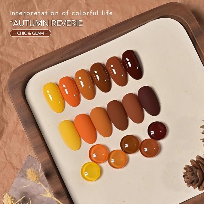 GAOY Brown Fall Gel Nail Polish Set, 6 Colors Burgundy Red Orange Yellow, UV Light Cure Gel Polish for Nail Art DIY at Home