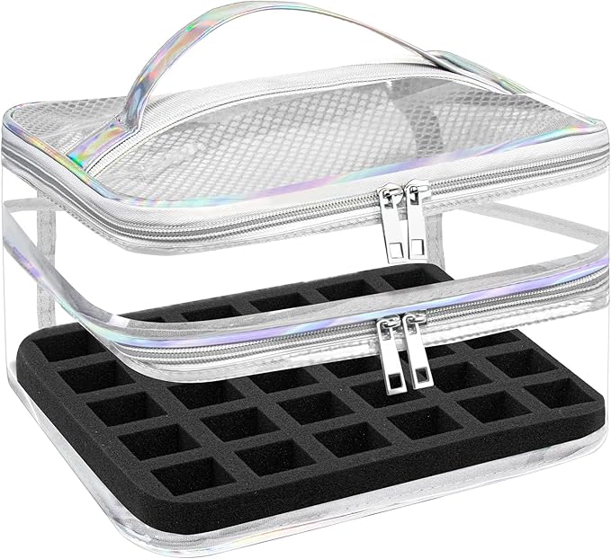 Beloving Nail Polish Organizer, Clear Double Tier Nail Storage Organizer Case Holds 30 Bottles, Portable PVC Nail Tech Bag with Dividers, Nail Polish Supplies Travel Case for Display
