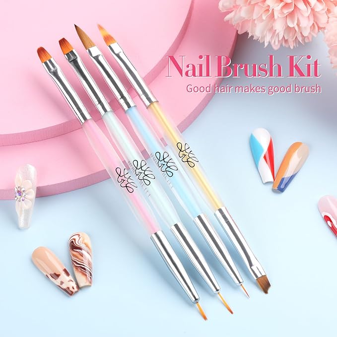 BORN PRETTY Double-Ended Nail Art Brushes,4Pcs Nail Art Tool Set,Nail Art Gel Polish Liner Brushes Design Pen For Nail Drawing And Nail Paint Brushes for Home Salon